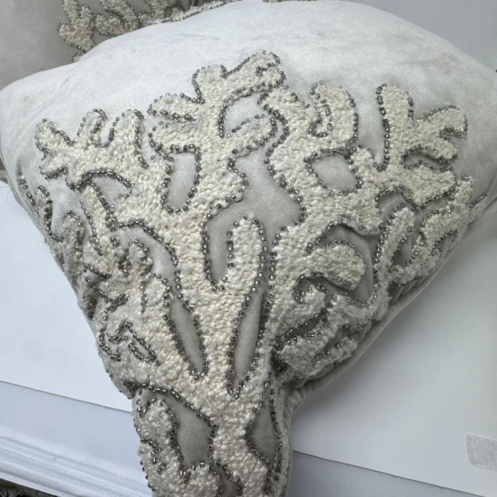 2 Pier 1 Coral Reef Beaded Throw Pillows gray ivory beach coastal nautical ocean